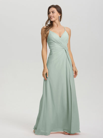 A-Line Spaghetti Straps Ruched Floor Length Chiffon Bridesmaid Dress