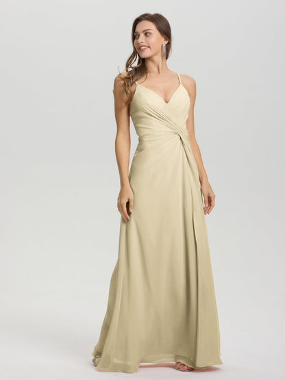 A-Line Spaghetti Straps Ruched Floor Length Chiffon Bridesmaid Dress