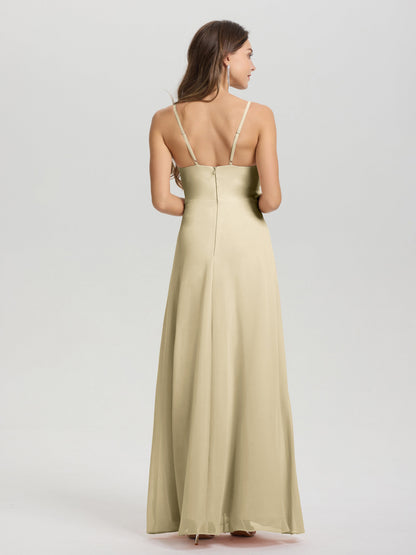 A-Line Spaghetti Straps Ruched Floor Length Chiffon Bridesmaid Dress