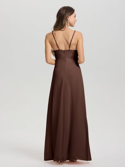 A-Line Spaghetti Straps Ruched Floor Length Chiffon Bridesmaid Dress