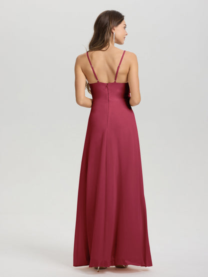 A-Line Spaghetti Straps Ruched Floor Length Chiffon Bridesmaid Dress