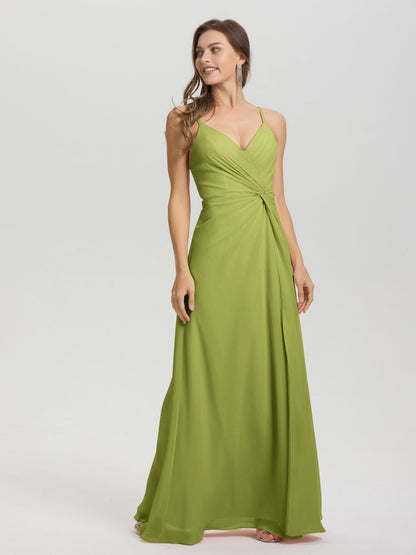 A-Line Spaghetti Straps Ruched Floor Length Chiffon Bridesmaid Dress