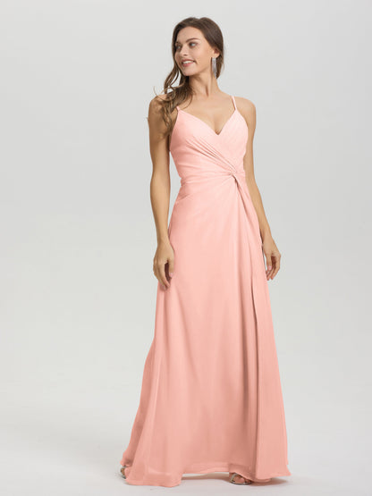 A-Line Spaghetti Straps Ruched Floor Length Chiffon Bridesmaid Dress