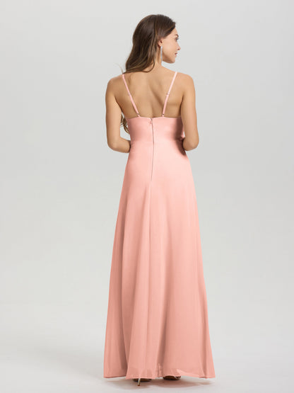 A-Line Spaghetti Straps Ruched Floor Length Chiffon Bridesmaid Dress