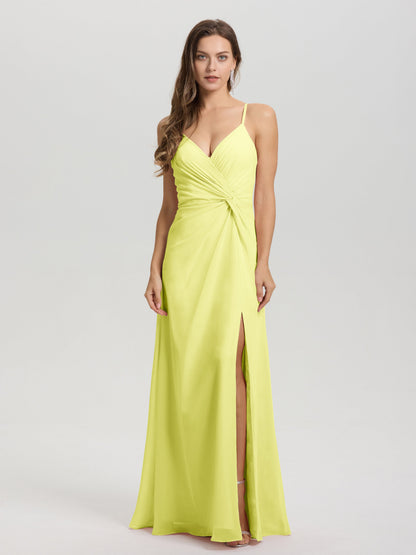 A-Line Spaghetti Straps Ruched Floor Length Chiffon Bridesmaid Dress