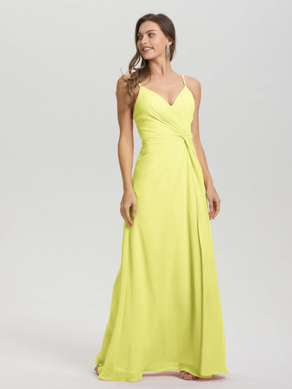 A-Line Spaghetti Straps Ruched Floor Length Chiffon Bridesmaid Dress