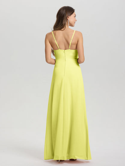 A-Line Spaghetti Straps Ruched Floor Length Chiffon Bridesmaid Dress