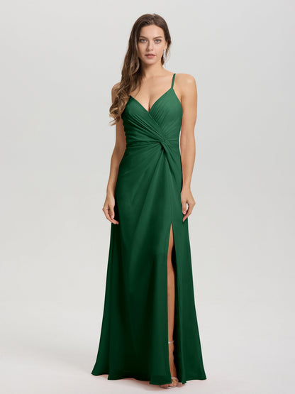 A-Line Spaghetti Straps Ruched Floor Length Chiffon Bridesmaid Dress