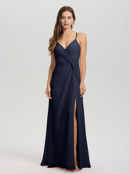 A-Line Spaghetti Straps Ruched Floor Length Chiffon Bridesmaid Dress