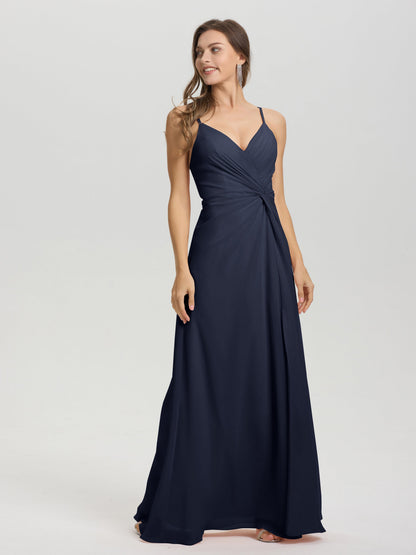 A-Line Spaghetti Straps Ruched Floor Length Chiffon Bridesmaid Dress