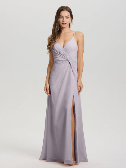 A-Line Spaghetti Straps Ruched Floor Length Chiffon Bridesmaid Dress