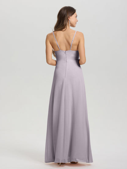A-Line Spaghetti Straps Ruched Floor Length Chiffon Bridesmaid Dress
