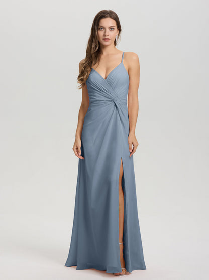 A-Line Spaghetti Straps Ruched Floor Length Chiffon Bridesmaid Dress