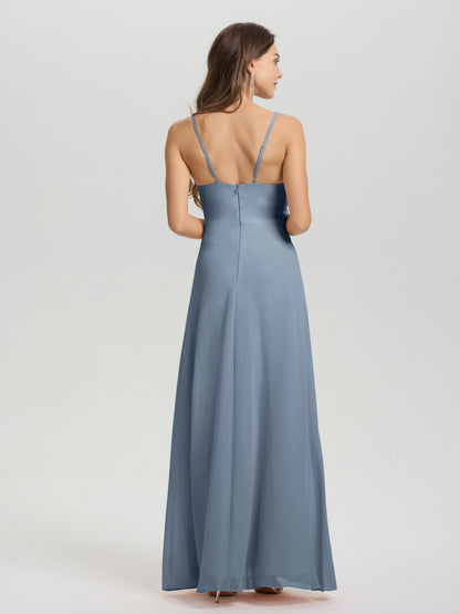 A-Line Spaghetti Straps Ruched Floor Length Chiffon Bridesmaid Dress