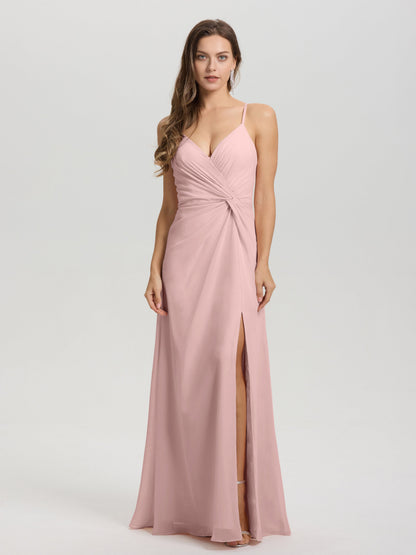 A-Line Spaghetti Straps Ruched Floor Length Chiffon Bridesmaid Dress