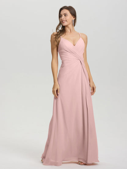 A-Line Spaghetti Straps Ruched Floor Length Chiffon Bridesmaid Dress