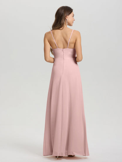 A-Line Spaghetti Straps Ruched Floor Length Chiffon Bridesmaid Dress