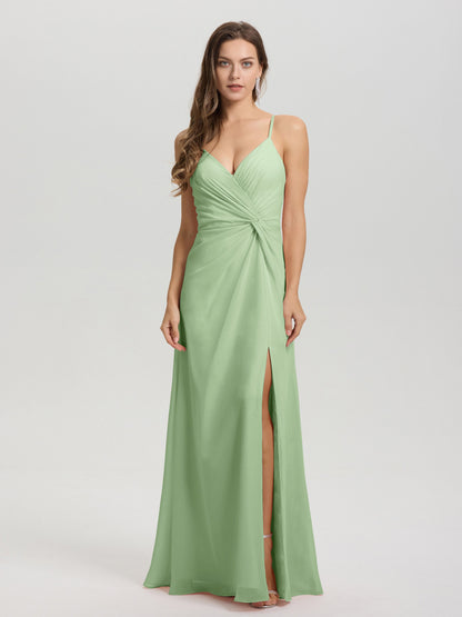 A-Line Spaghetti Straps Ruched Floor Length Chiffon Bridesmaid Dress