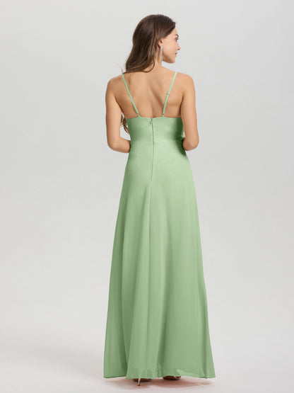 A-Line Spaghetti Straps Ruched Floor Length Chiffon Bridesmaid Dress