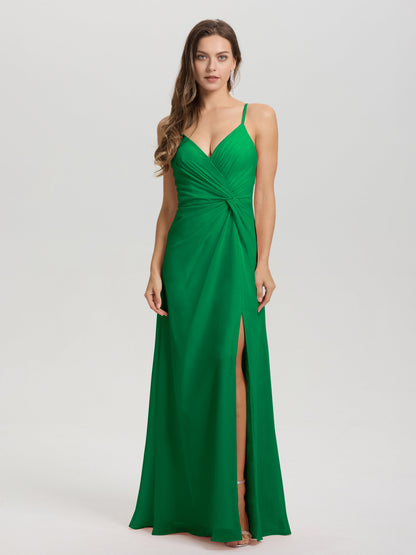 A-Line Spaghetti Straps Ruched Floor Length Chiffon Bridesmaid Dress
