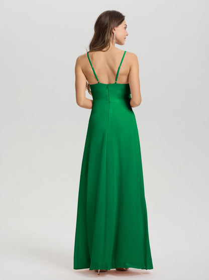 A-Line Spaghetti Straps Ruched Floor Length Chiffon Bridesmaid Dress
