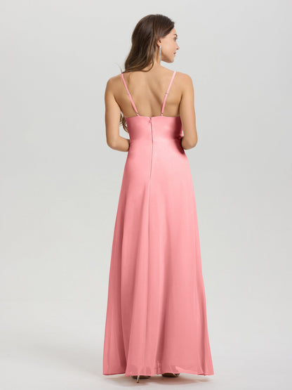 A-Line Spaghetti Straps Ruched Floor Length Chiffon Bridesmaid Dress