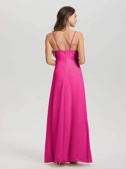 A-Line Spaghetti Straps Ruched Floor Length Chiffon Bridesmaid Dress