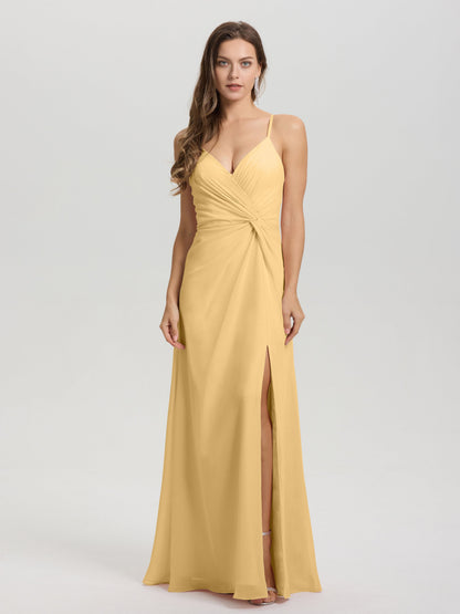 A-Line Spaghetti Straps Ruched Floor Length Chiffon Bridesmaid Dress