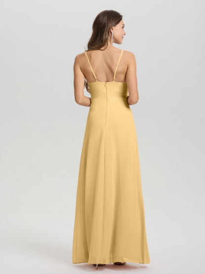 A-Line Spaghetti Straps Ruched Floor Length Chiffon Bridesmaid Dress