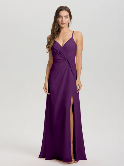 A-Line Spaghetti Straps Ruched Floor Length Chiffon Bridesmaid Dress