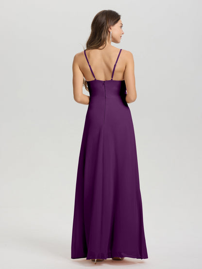 A-Line Spaghetti Straps Ruched Floor Length Chiffon Bridesmaid Dress