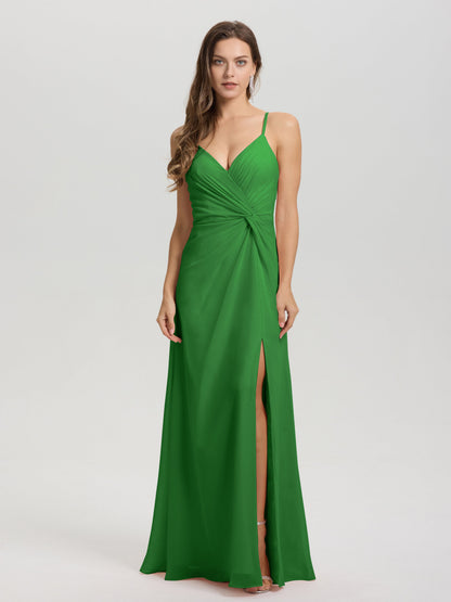 A-Line Spaghetti Straps Ruched Floor Length Chiffon Bridesmaid Dress