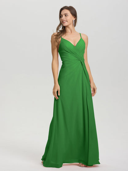 A-Line Spaghetti Straps Ruched Floor Length Chiffon Bridesmaid Dress