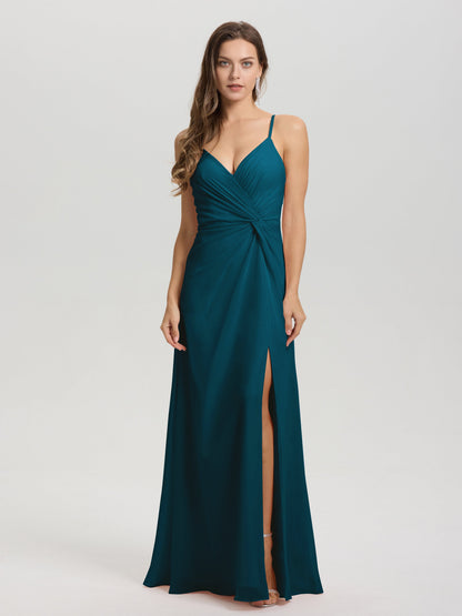 A-Line Spaghetti Straps Ruched Floor Length Chiffon Bridesmaid Dress