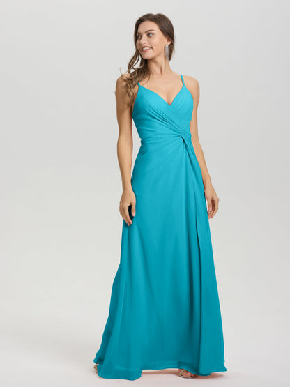 A-Line Spaghetti Straps Ruched Floor Length Chiffon Bridesmaid Dress