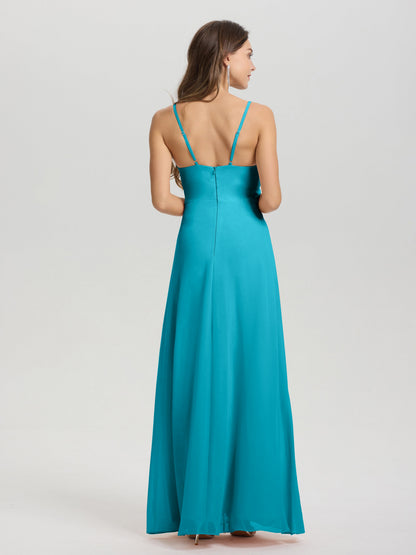 A-Line Spaghetti Straps Ruched Floor Length Chiffon Bridesmaid Dress