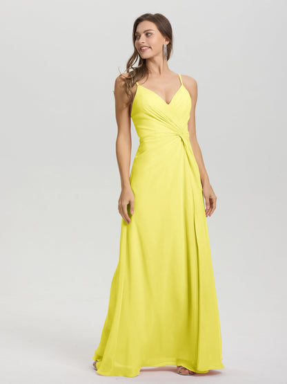 A-Line Spaghetti Straps Ruched Floor Length Chiffon Bridesmaid Dress