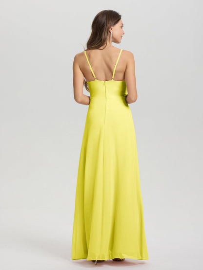 A-Line Spaghetti Straps Ruched Floor Length Chiffon Bridesmaid Dress