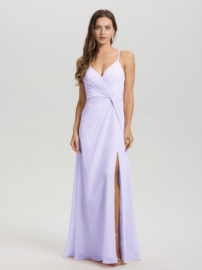 A-Line Spaghetti Straps Ruched Floor Length Chiffon Bridesmaid Dress