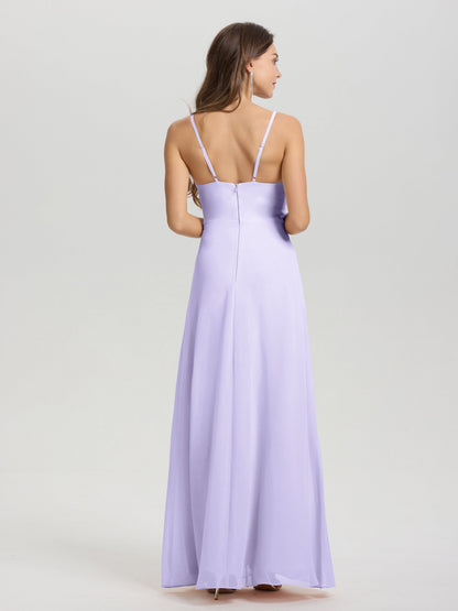 A-Line Spaghetti Straps Ruched Floor Length Chiffon Bridesmaid Dress