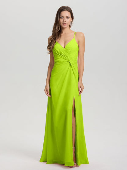 A-Line Spaghetti Straps Ruched Floor Length Chiffon Bridesmaid Dress