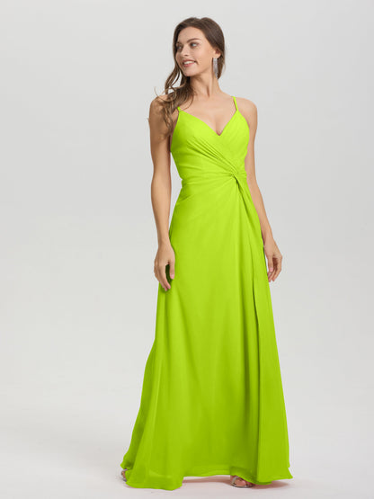 A-Line Spaghetti Straps Ruched Floor Length Chiffon Bridesmaid Dress