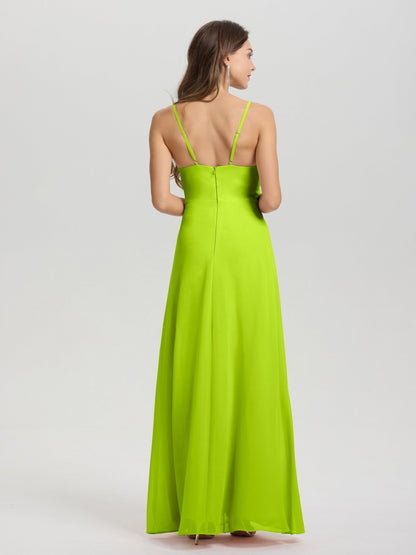 A-Line Spaghetti Straps Ruched Floor Length Chiffon Bridesmaid Dress