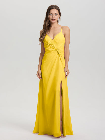 A-Line Spaghetti Straps Ruched Floor Length Chiffon Bridesmaid Dress