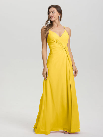 A-Line Spaghetti Straps Ruched Floor Length Chiffon Bridesmaid Dress