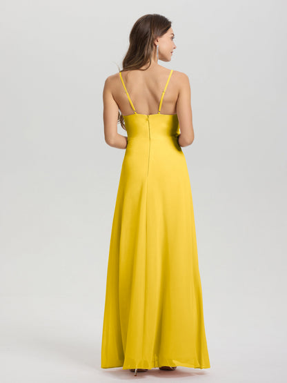A-Line Spaghetti Straps Ruched Floor Length Chiffon Bridesmaid Dress