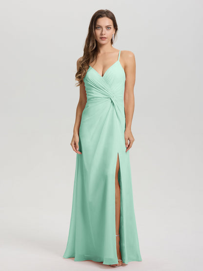 A-Line Spaghetti Straps Ruched Floor Length Chiffon Bridesmaid Dress
