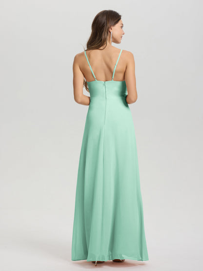 A-Line Spaghetti Straps Ruched Floor Length Chiffon Bridesmaid Dress
