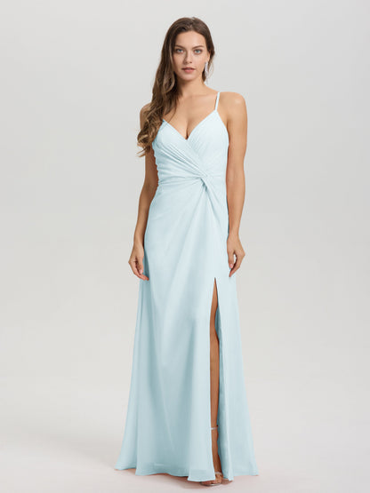 A-Line Spaghetti Straps Ruched Floor Length Chiffon Bridesmaid Dress