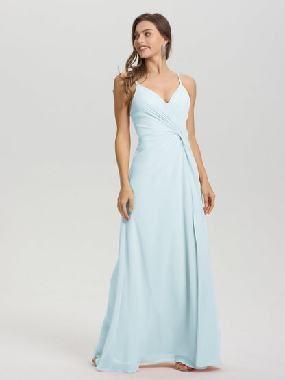 A-Line Spaghetti Straps Ruched Floor Length Chiffon Bridesmaid Dress